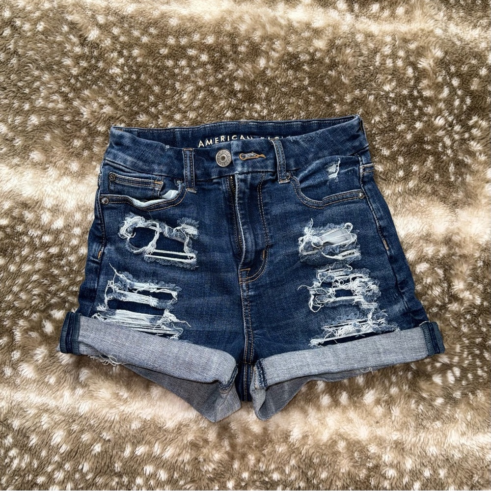 American Eagle Outfitters Women's Ripped Jean Shorts - Dark Blue